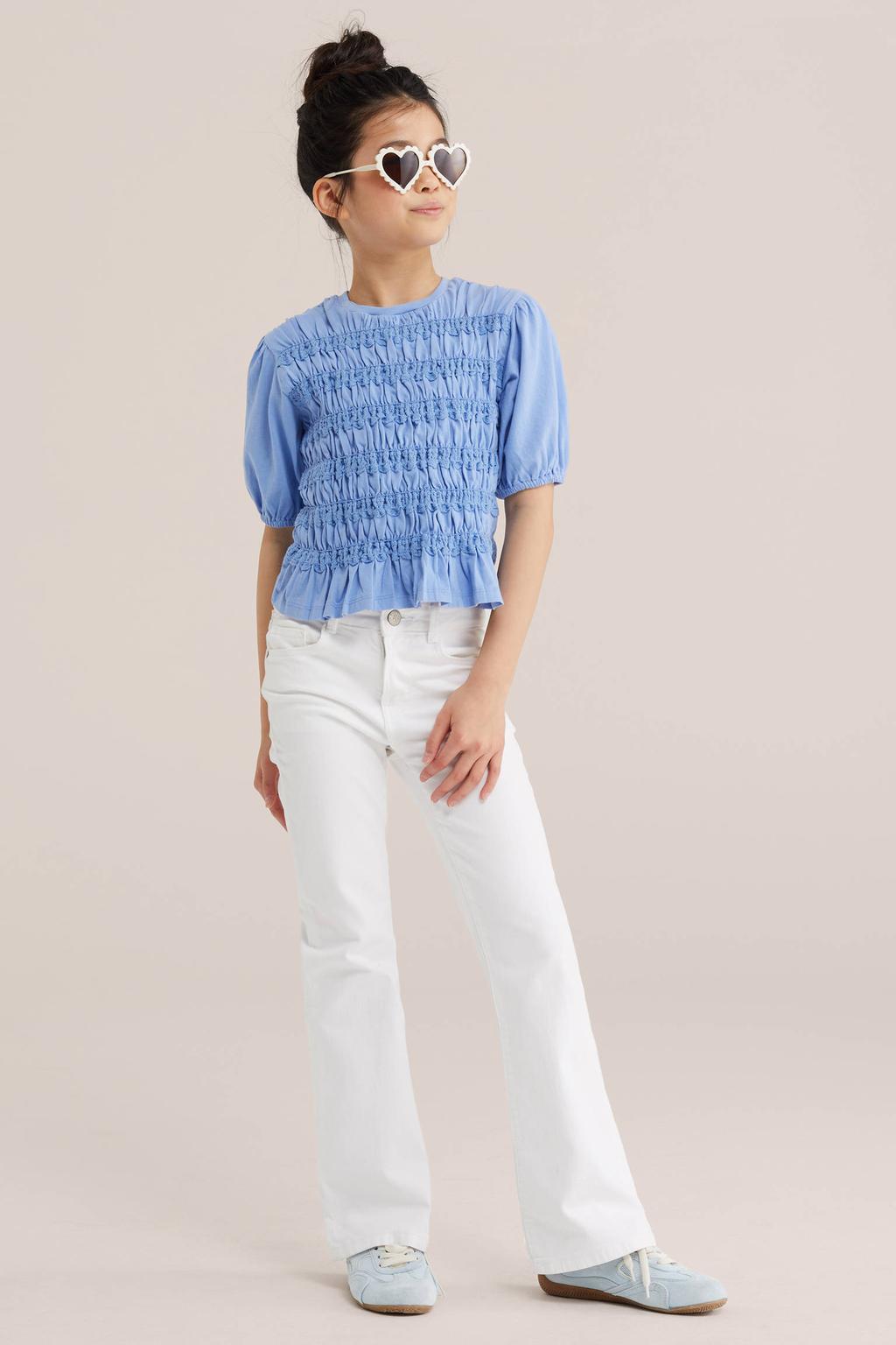 Blauwe meisjes WE Fashion blousetop van katoen met effen, korte mouwen, ronde hals en plooien