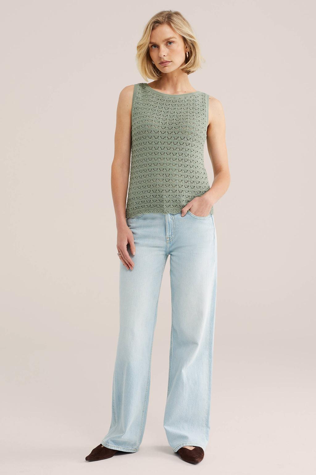 Lichtgroene dames WE Fashion top met effen, ronde hals en gehaakt detail