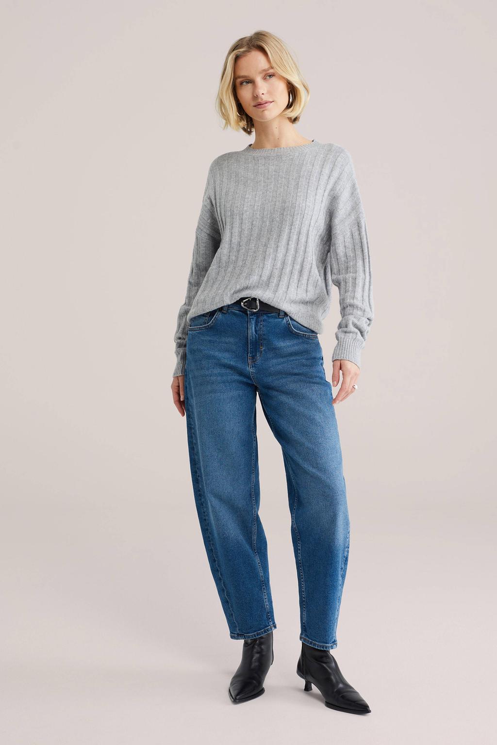 Grijs melange dames WE Fashion gebreide trui melange van polyester met effen, lange mouwen en ronde hals