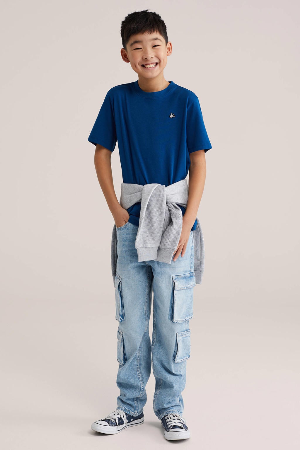 Donkerblauwe jongens WE Fashion T-shirt van katoen met effen, korte mouwen en ronde hals