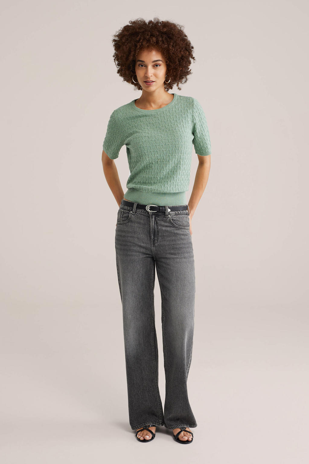 Mintgroene dames WE Fashion trui van katoen met effen, korte mouwen, ronde hals en ingebreid patroon