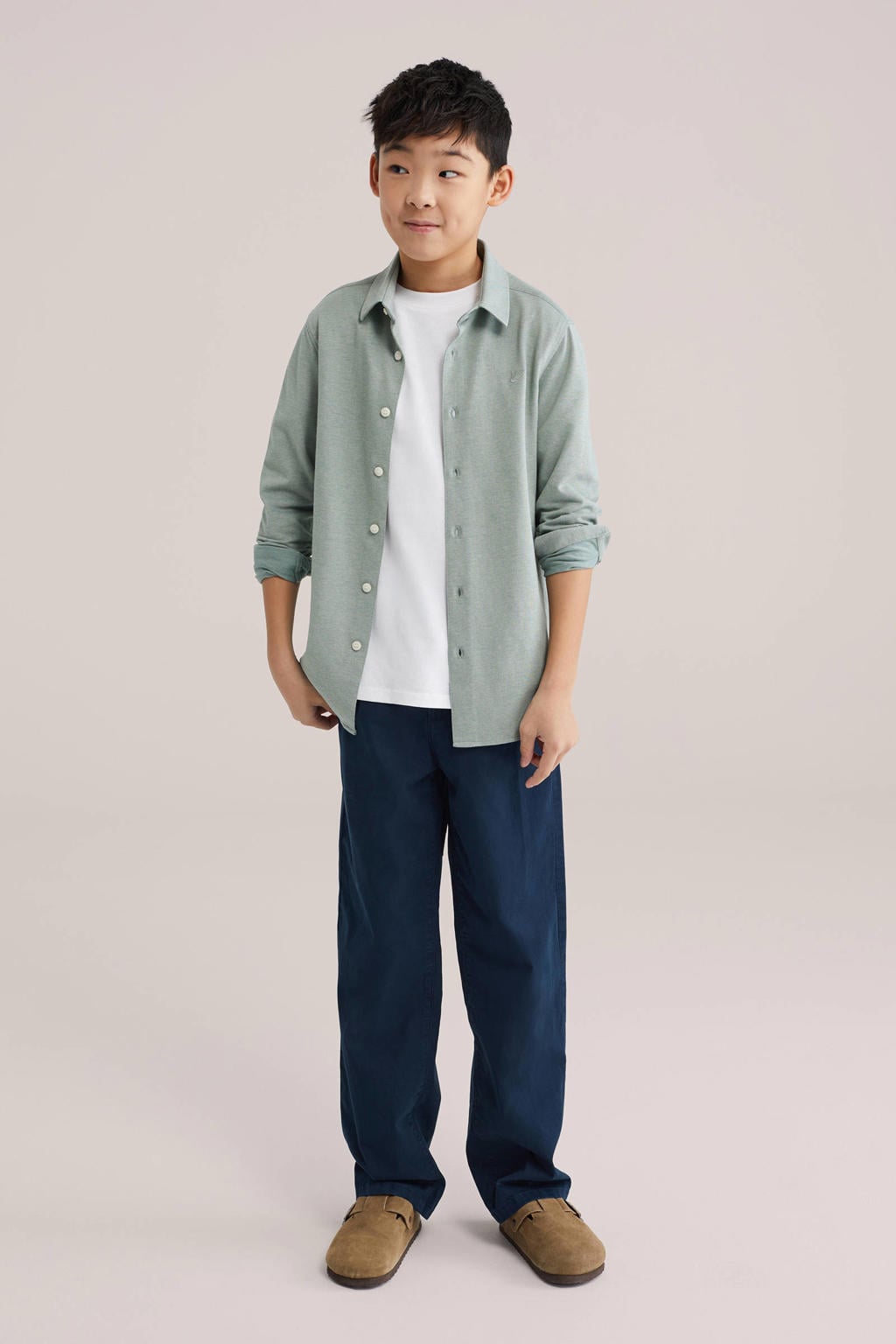 Grijsblauwe jongens WE Fashion overhemd blauw van katoen met effen, lange mouwen, klassieke kraag en knoopsluiting
