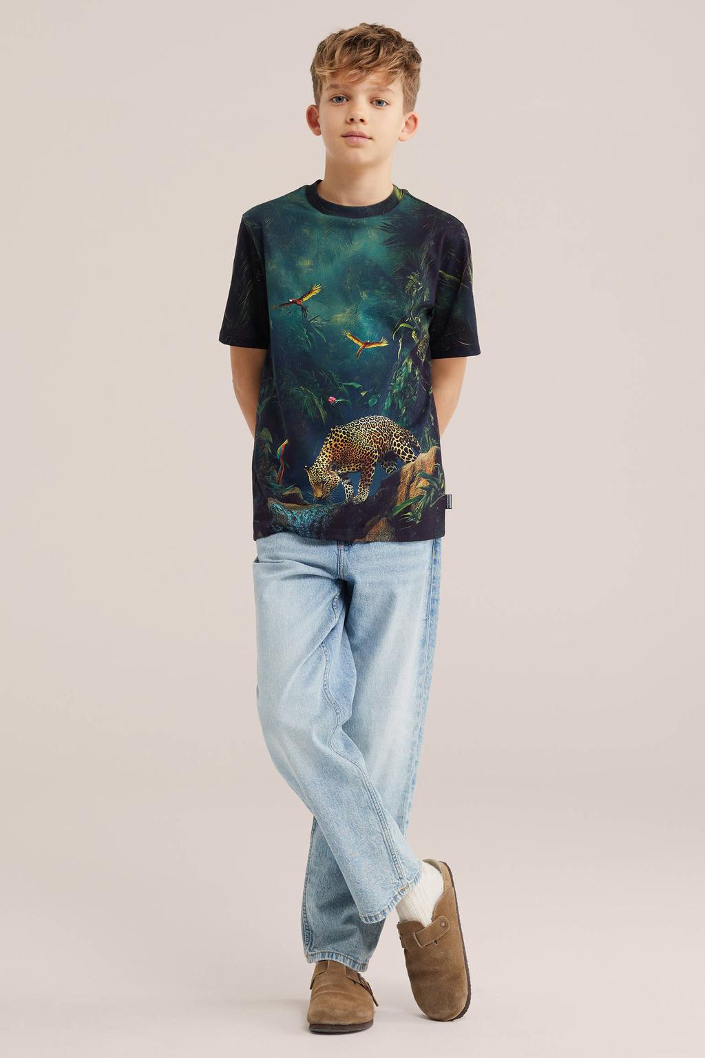 Petrolkleurige jongens WE Fashion T-shirt van katoen met korte mouwen en ronde hals