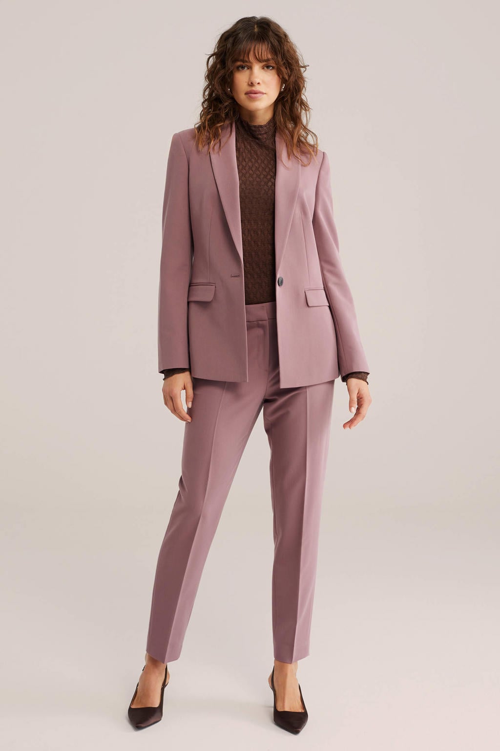Oudroze dames WE Fashion getailleerde blazer met effen, lange mouwen, reverskraag en knoopsluiting