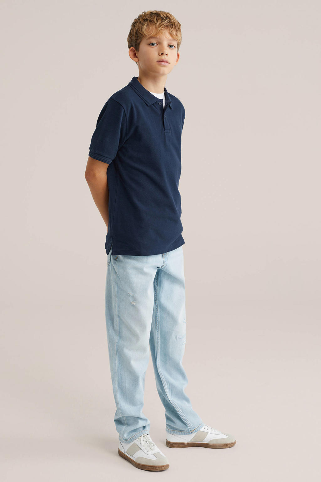 Light blue denim jongens WE Fashion Blue Ridge straight leg jeans van denim met rits- en knoopsluiting en effen
