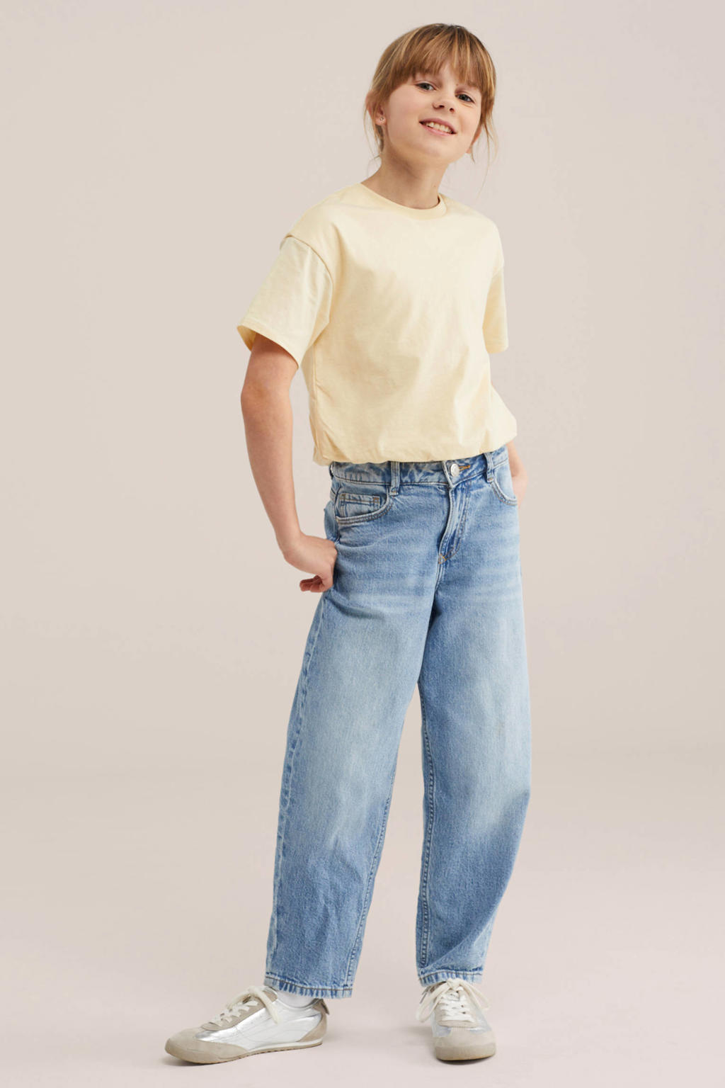 Lichtgele meisjes WE Fashion T-shirt van katoen met effen, korte mouwen, ronde hals en elastische boord