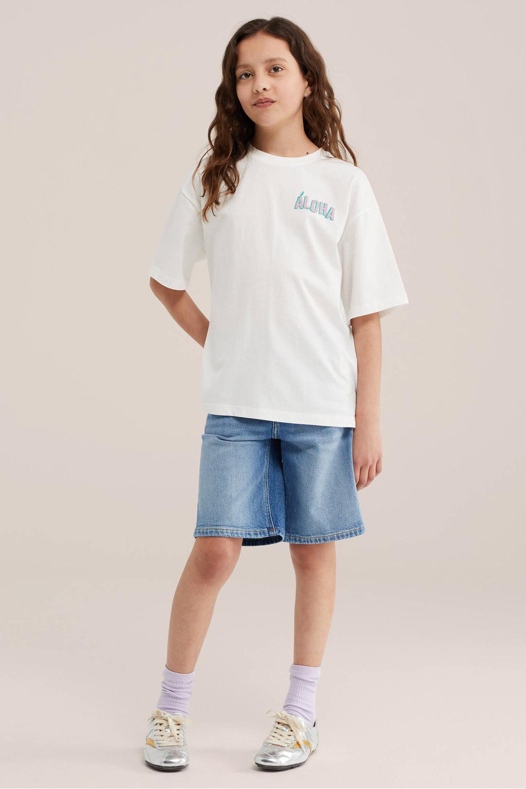 Witte meisjes WE Fashion T-shirt van katoen met printopdruk, korte mouwen en ronde hals