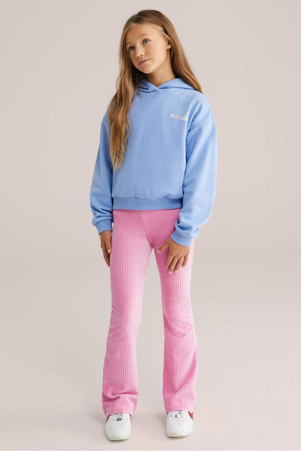 Roze meisjes WE Fashion fluwelen flared broek met regular waist en elastische tailleband