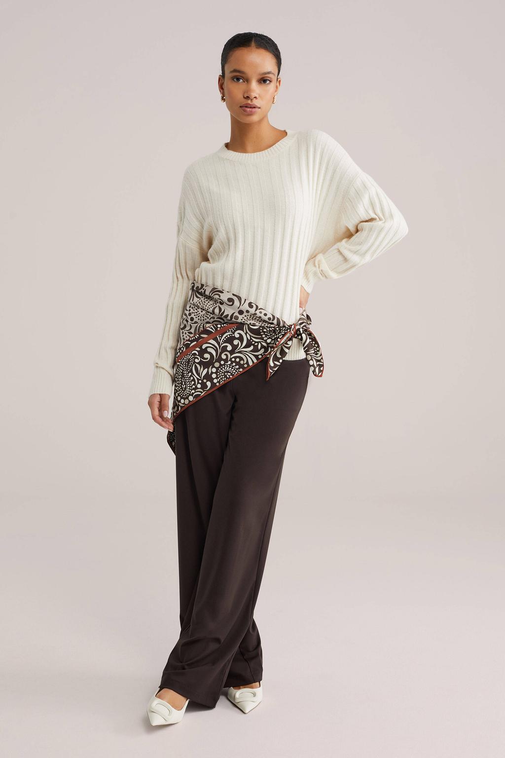 Ecru dames WE Fashion gebreide trui van polyester met effen, lange mouwen en ronde hals