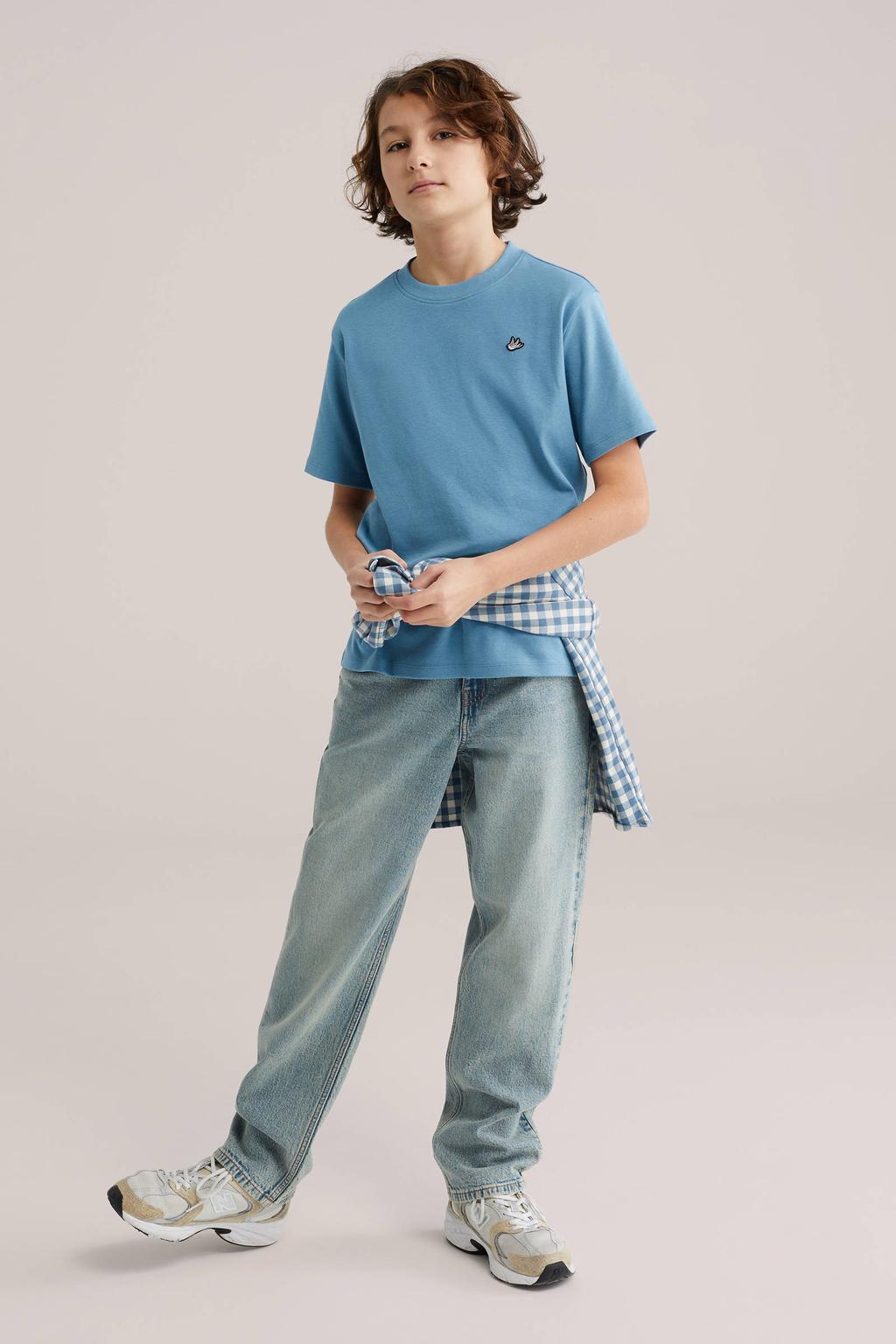 Blauwe jongens WE Fashion T-shirt Blue blush van katoen met effen, korte mouwen en ronde hals