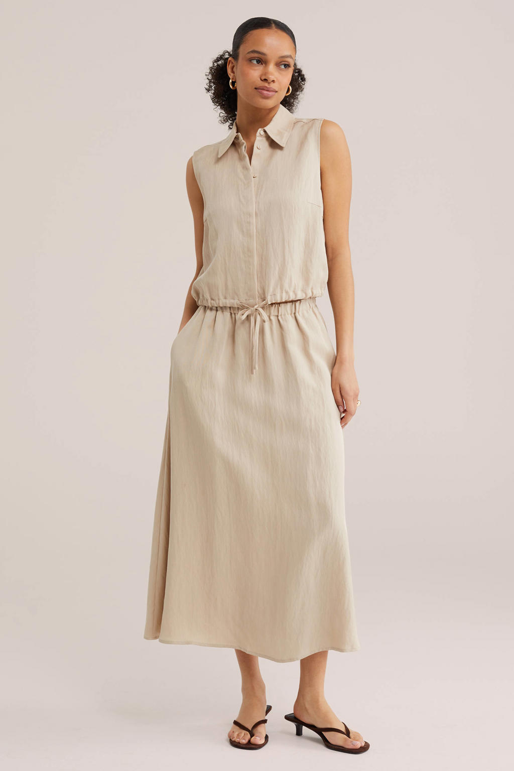 Beige dames WE Fashion midi rok gemaakt van lyocell en met elastische tailleband met koord