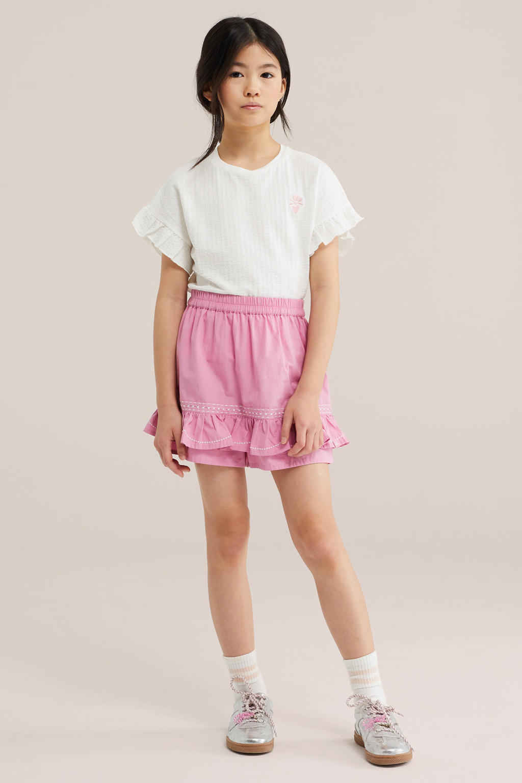 Witte meisjes WE Fashion T-shirt van katoen met effen, korte mouwen, ronde hals en borduursels