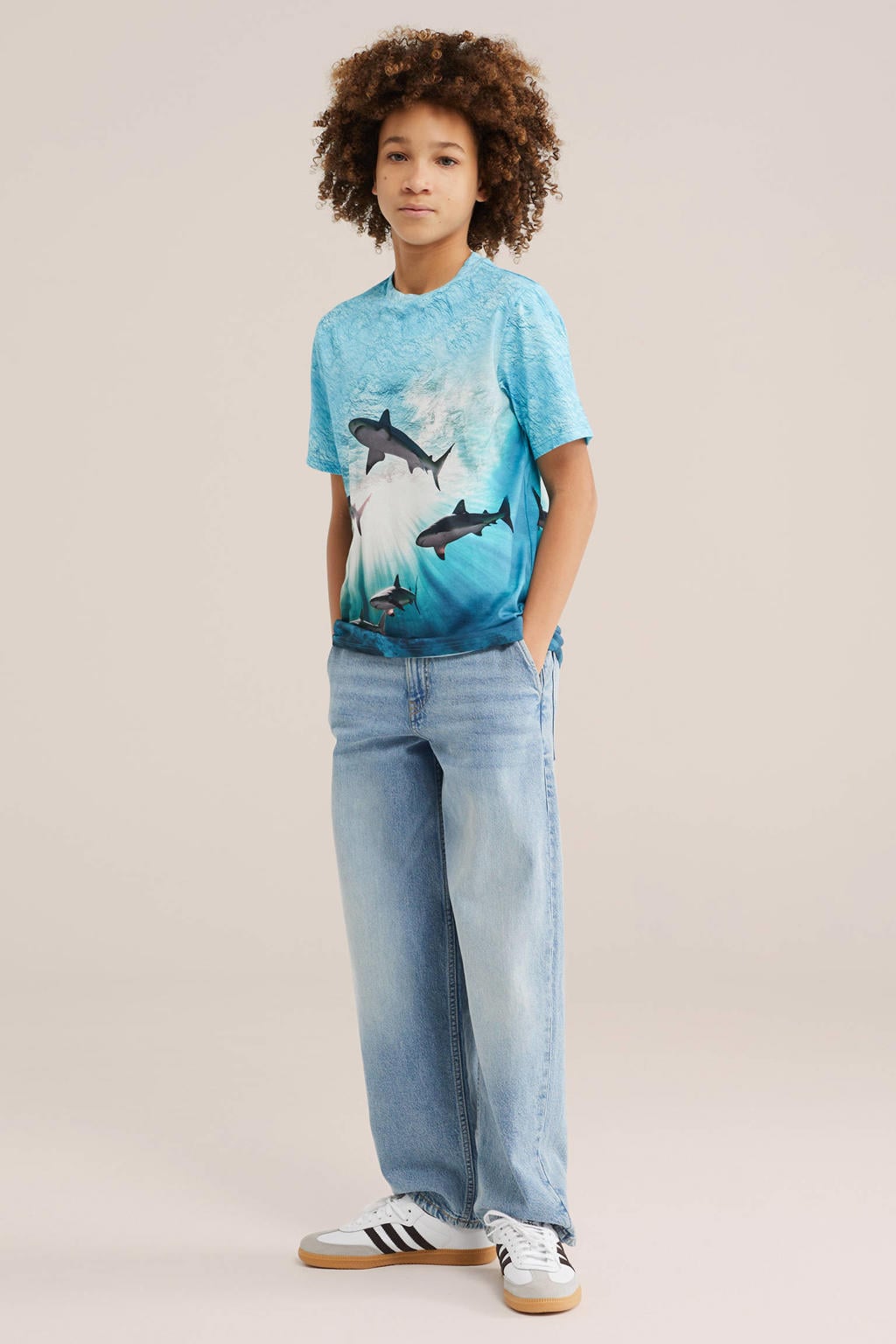 Lichtblauwe jongens WE Fashion T-shirt van katoen met printopdruk, korte mouwen en ronde hals