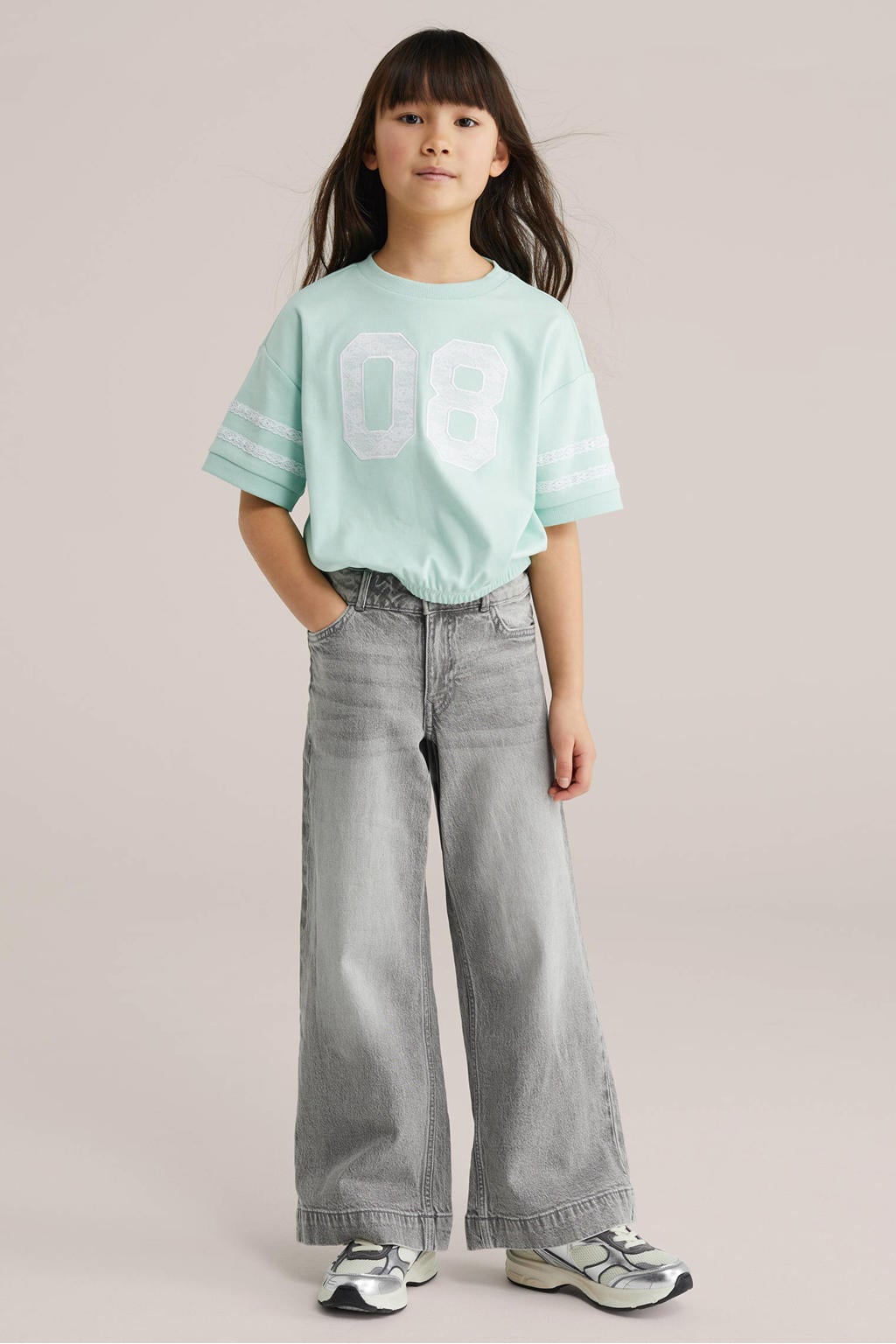 Grey denim meisjes WE Fashion Blue Ridge high waist wide leg jeans van denim met relaxed, rits- en knoopsluiting en effen