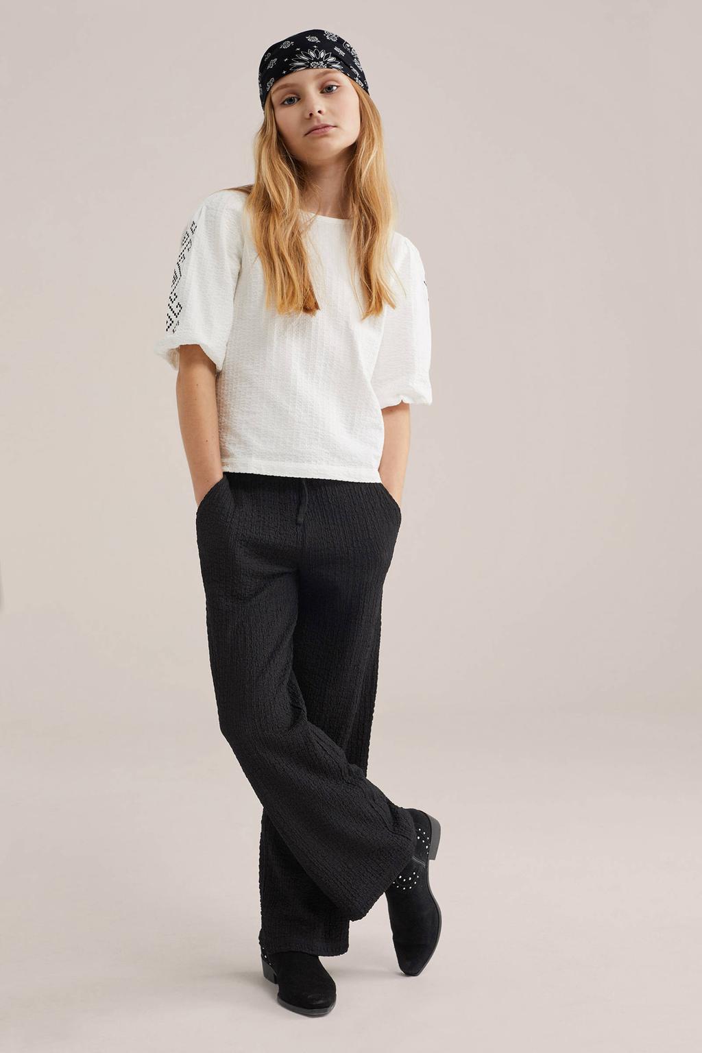 Zwarte meisjes WE Fashion loose casual broek van polyester met elastische tailleband met koord en effen