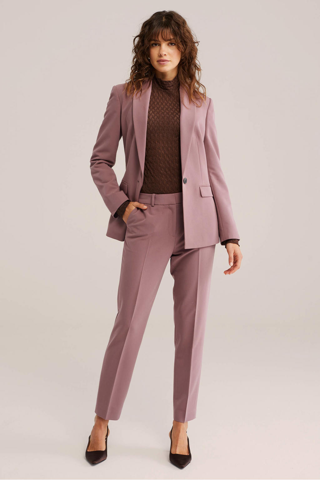 Paarse dames WE Fashion slim fit broek van polyester met regular waist en effen