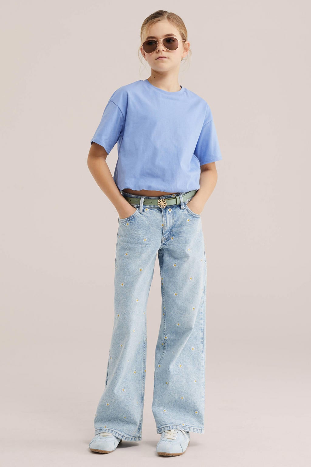 Blauwe meisjes WE Fashion T-shirt van katoen met effen, korte mouwen, ronde hals en elastische boord