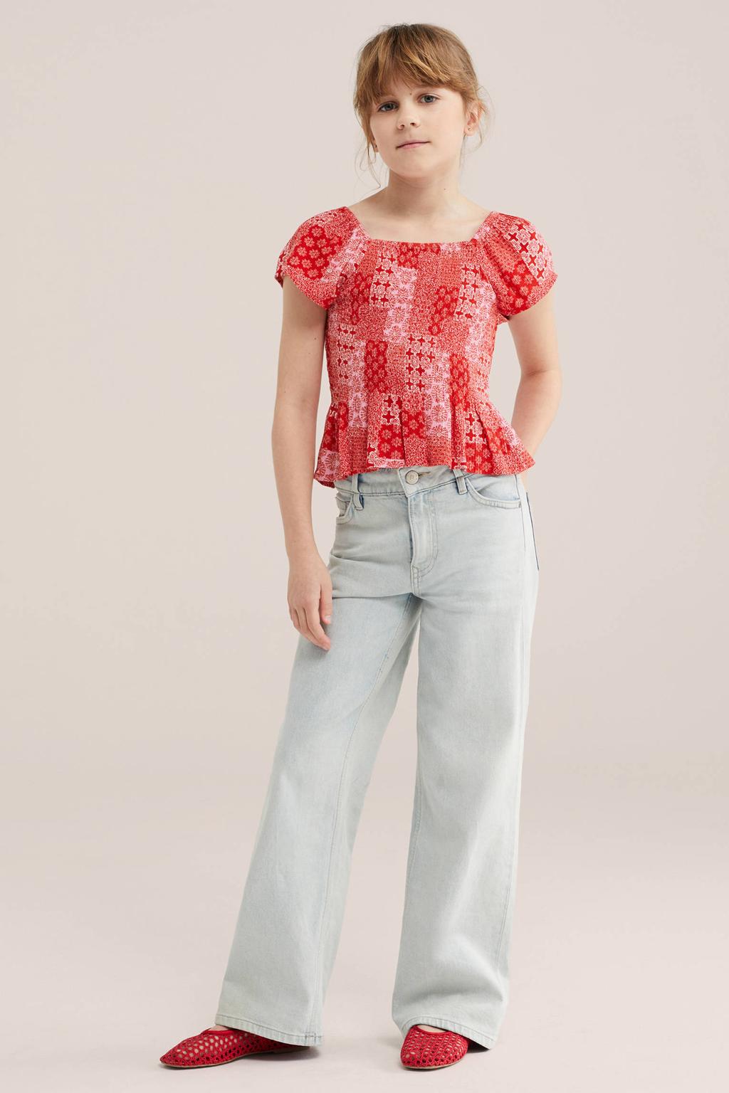 Rood en roze meisjes WE Fashion blousetop van viscose met korte mouwen, vierkante hals en elastische boord