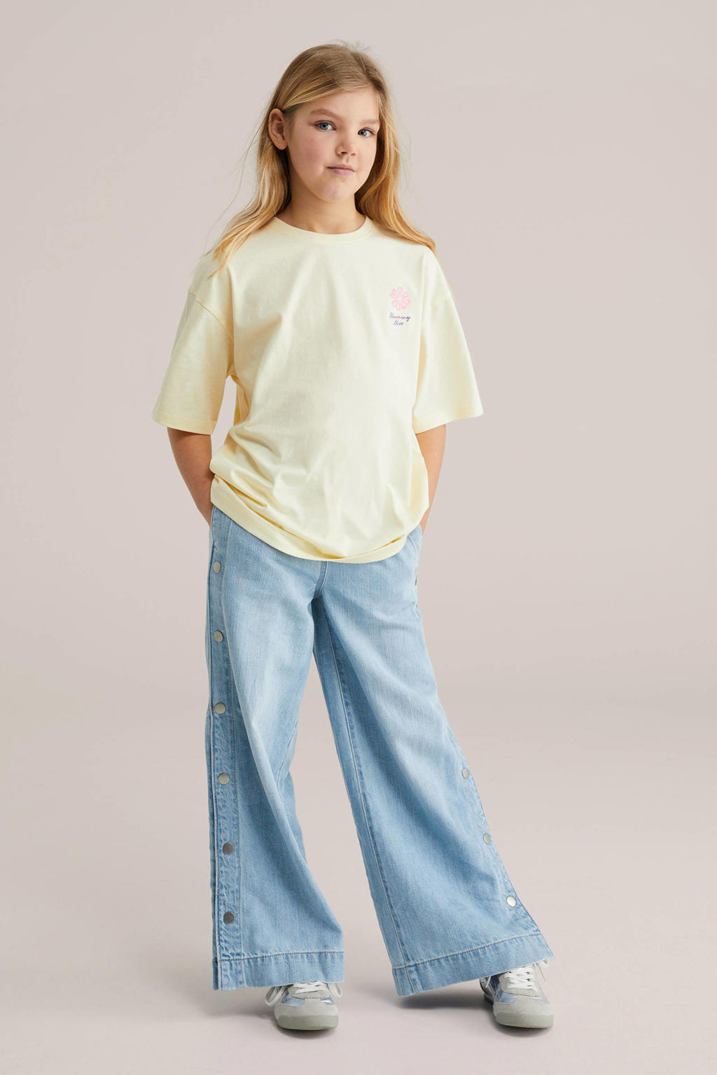 Lichtgele meisjes WE Fashion T-shirt van katoen met printopdruk, korte mouwen en ronde hals