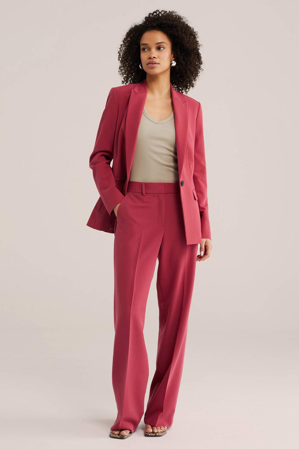 Rode dames WE Fashion getailleerde blazer met effen, lange mouwen, reverskraag en knoopsluiting