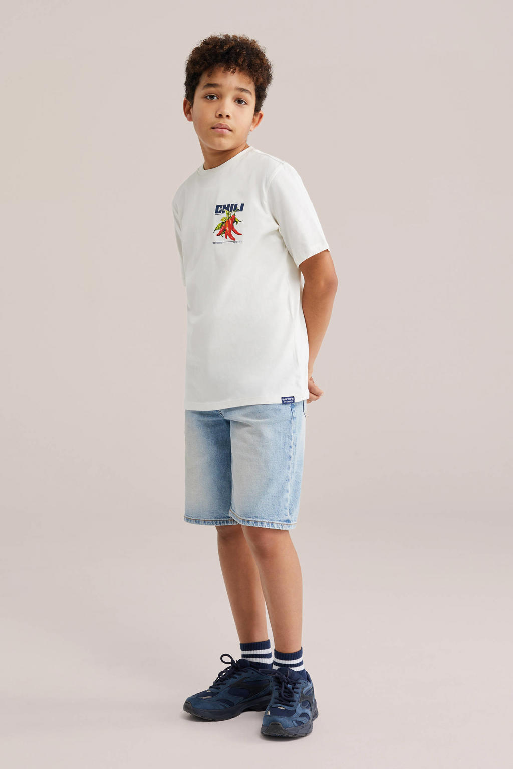 Ecru jongens WE Fashion T-shirt van katoen met backprint, korte mouwen en ronde hals