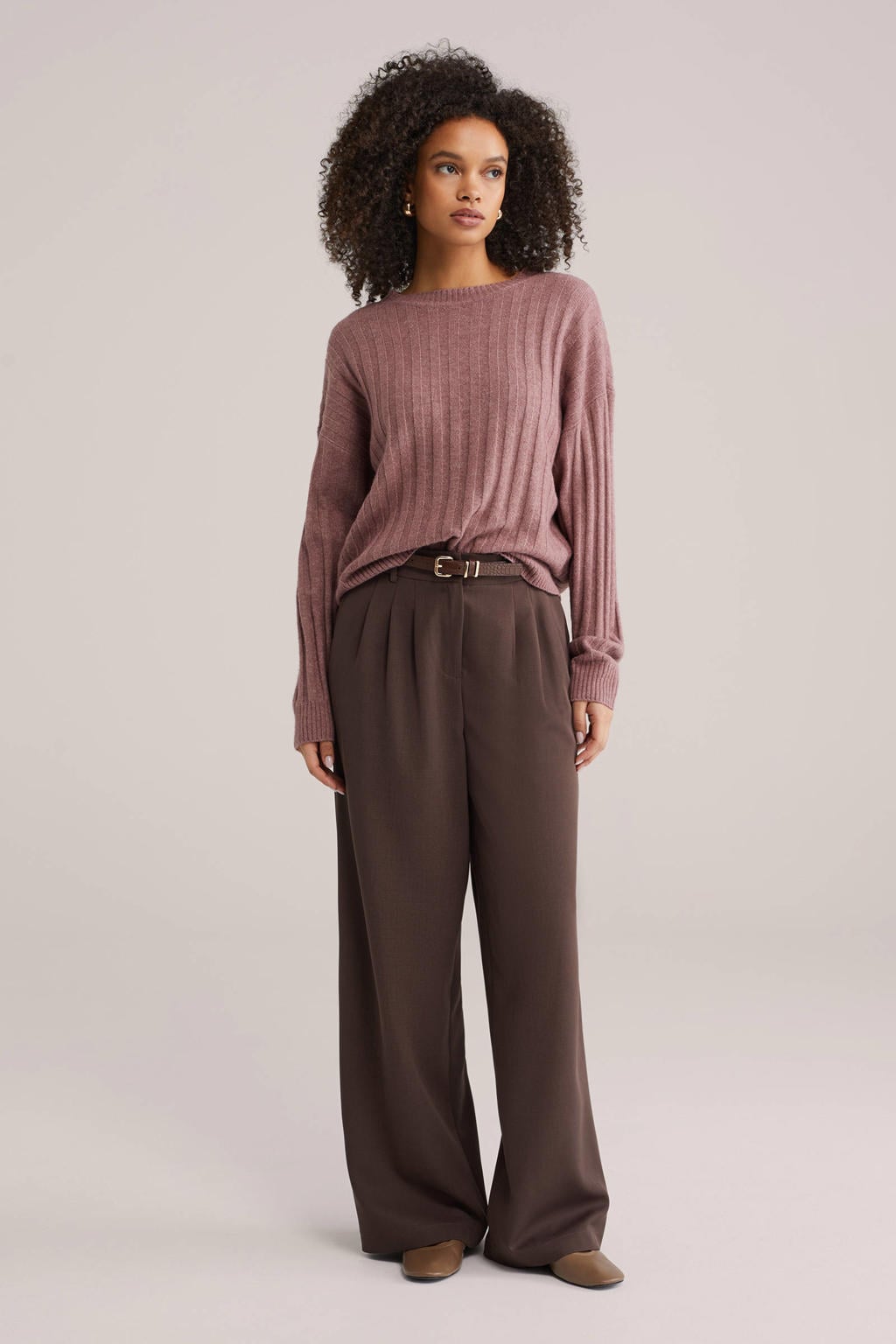 Oudroze dames WE Fashion gebreide trui van polyester met effen, lange mouwen en ronde hals