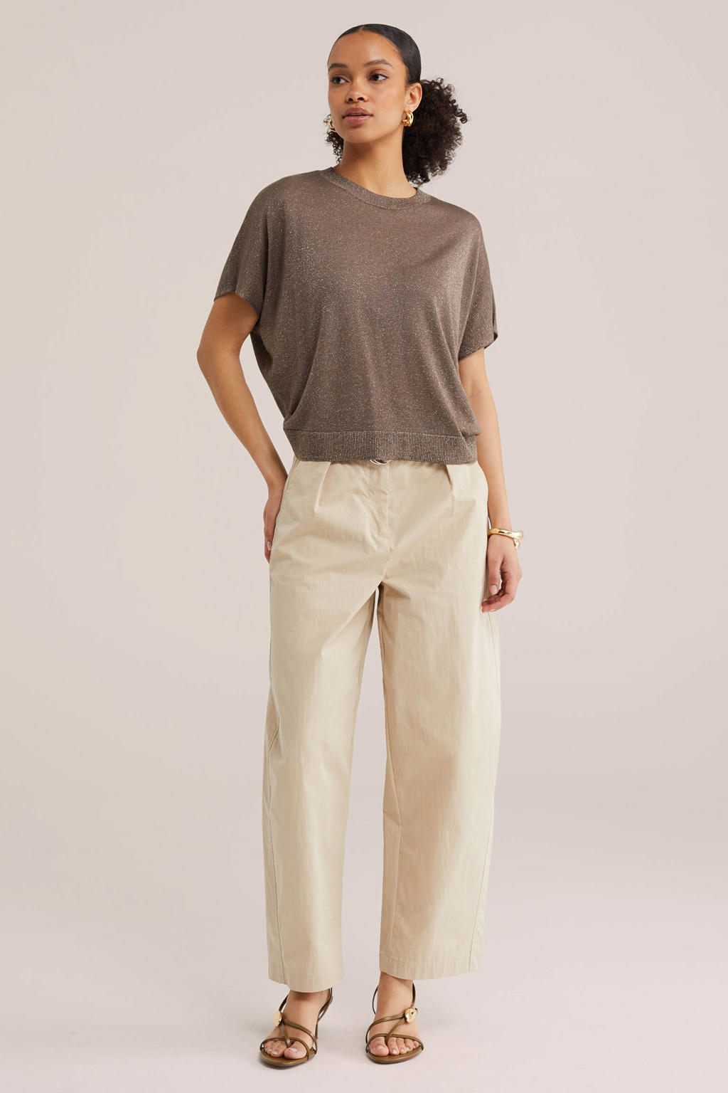 Bruine dames WE Fashion top van viscose met effen, korte mouwen, ronde hals en lurex