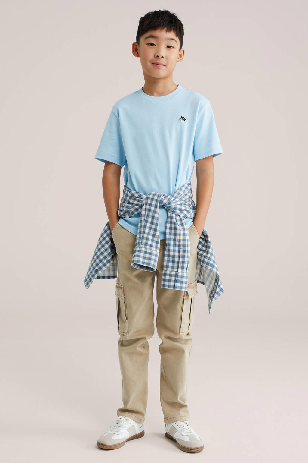 Lichtblauwe jongens WE Fashion T-shirt van katoen met effen, korte mouwen en ronde hals