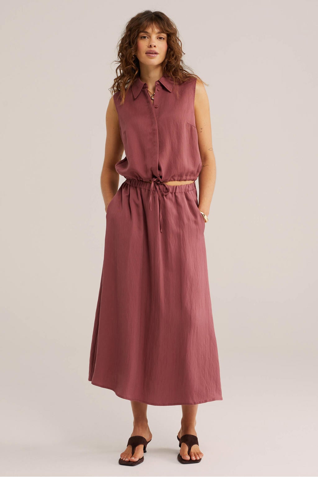 Oudroze dames WE Fashion midi rok gemaakt van lyocell en met elastische tailleband met koord
