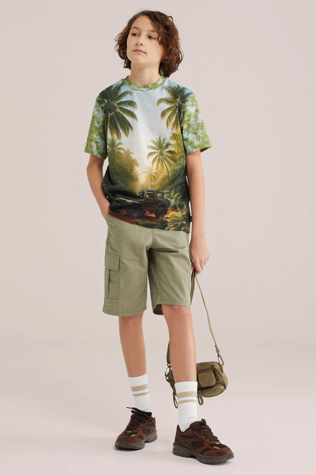 Groene jongens WE Fashion T-shirt van katoen met korte mouwen en ronde hals