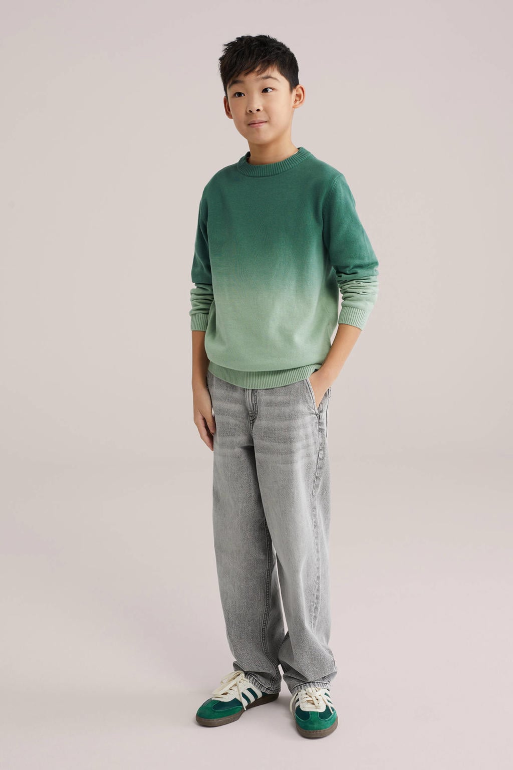 Groene jongens WE Fashion trui fijn gebreid van katoen met lange mouwen en ronde hals