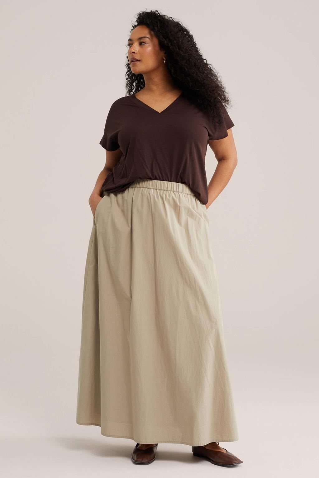 Beige dames WE Fashion Curve midi rok gemaakt van katoen en met elastische tailleband
