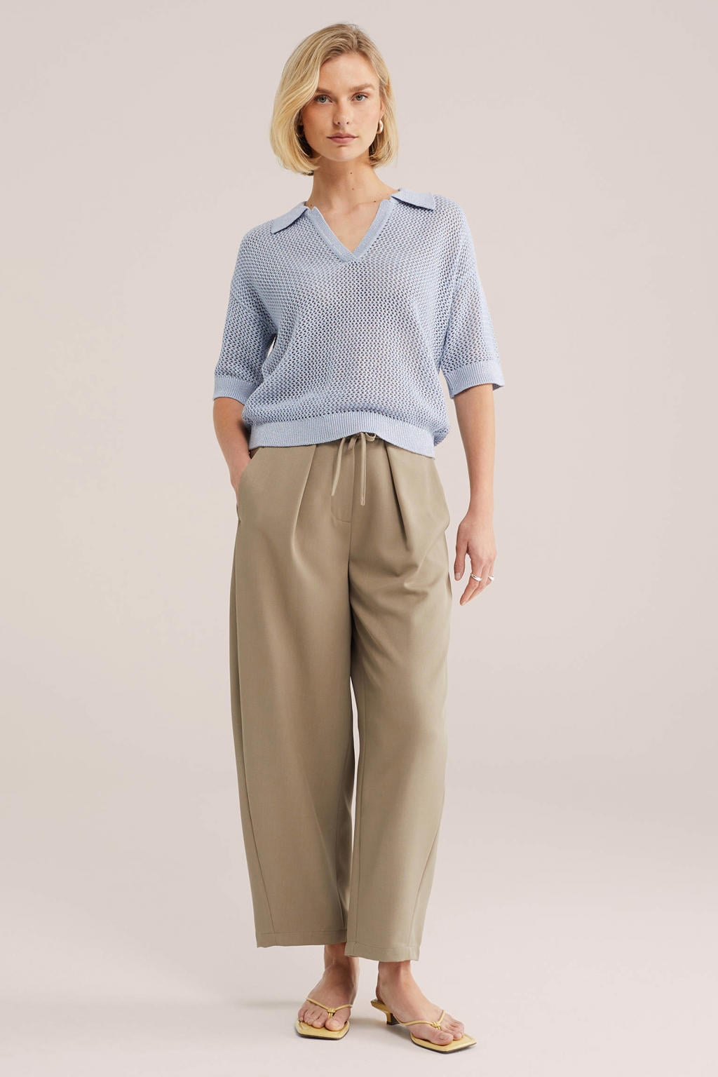 Lichtblauwe dames WE Fashion gebreide top crochet met effen, driekwart mouwen en polo kraag