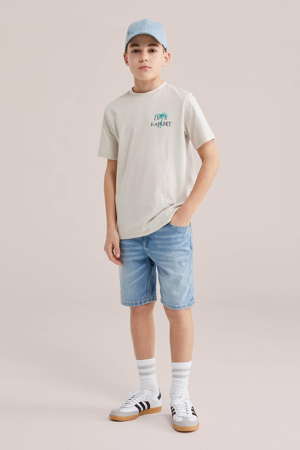 Beige jongens WE Fashion T-shirt van katoen met backprint, korte mouwen en ronde hals