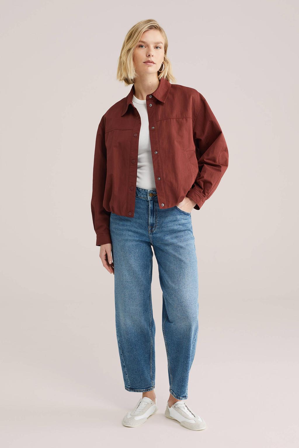 dames WE Fashion Blue Ridge barrel jeans van denim met regular waist, rits- en knoopsluiting en effen