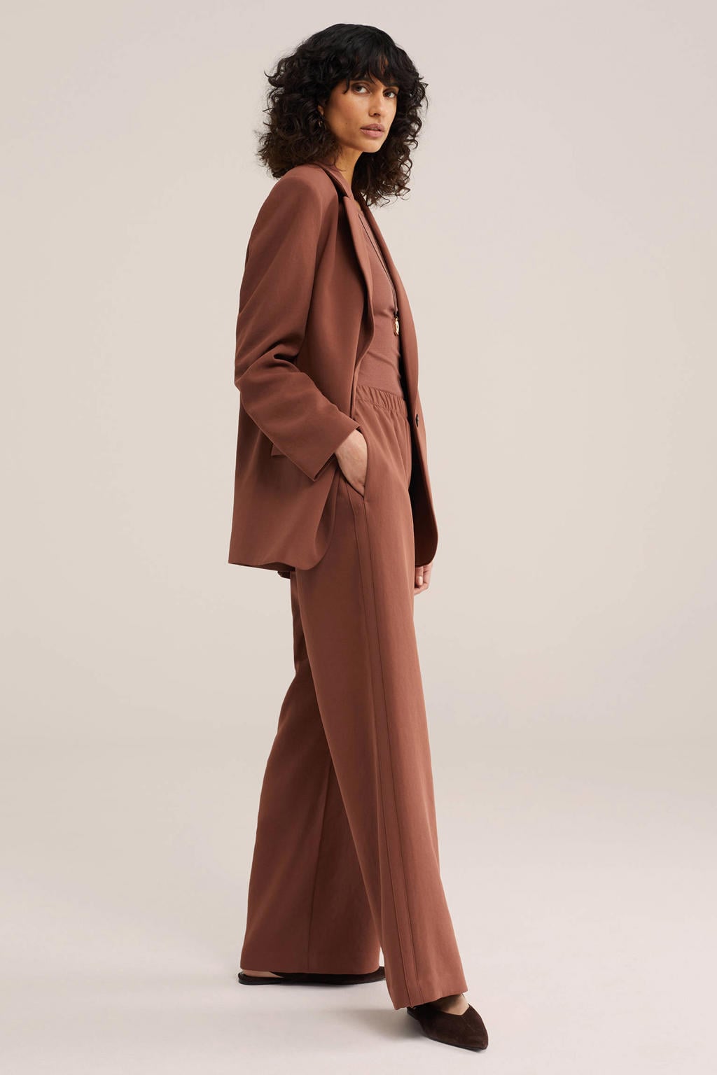 Bruine dames WE STUDIO regular blazer van polyester met effen, lange mouwen, reverskraag en knoopsluiting
