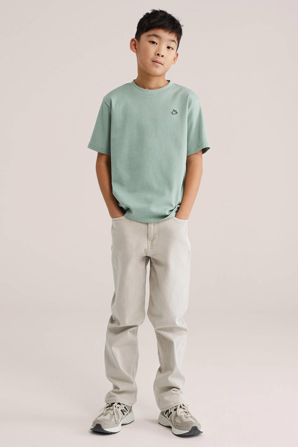 Lichtgroene jongens WE Fashion T-shirt van katoen met effen, korte mouwen en ronde hals