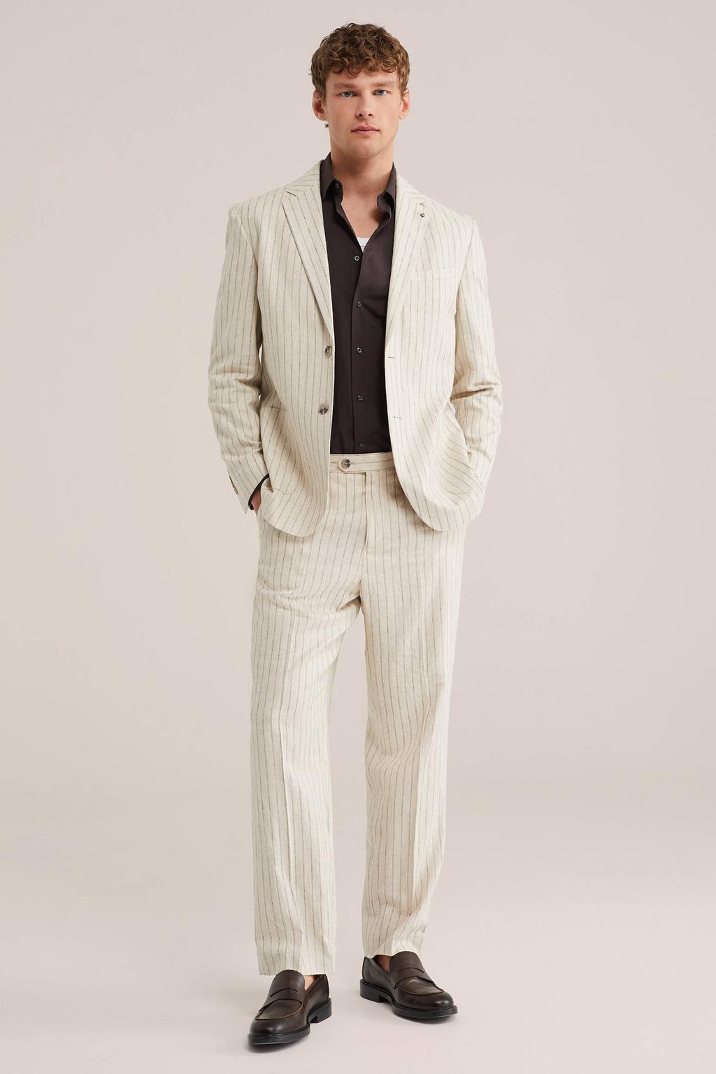 WE Fashion regular gestreepte pantalon met linnen beige