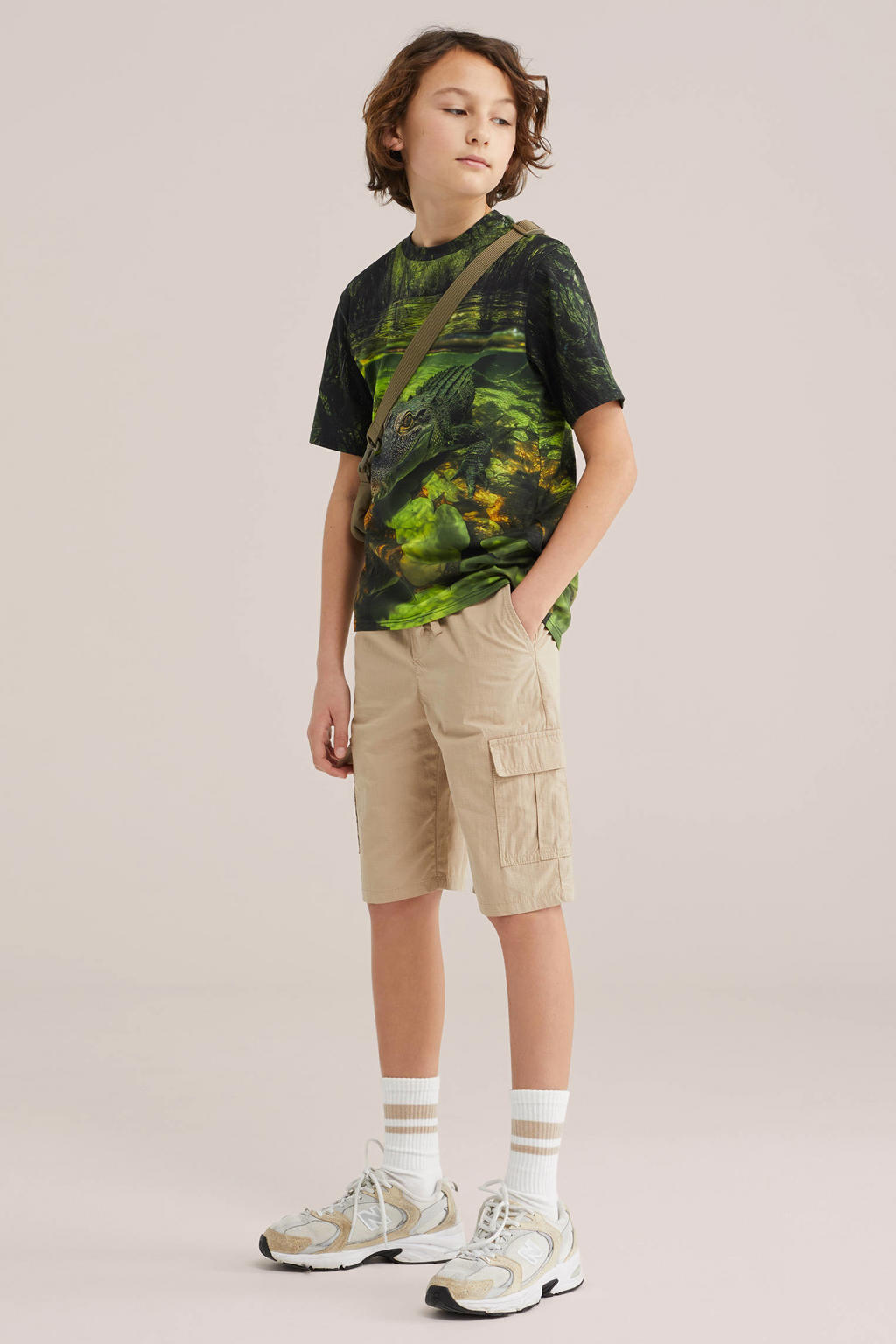 Donkergroene jongens WE Fashion T-shirt van katoen met korte mouwen en ronde hals