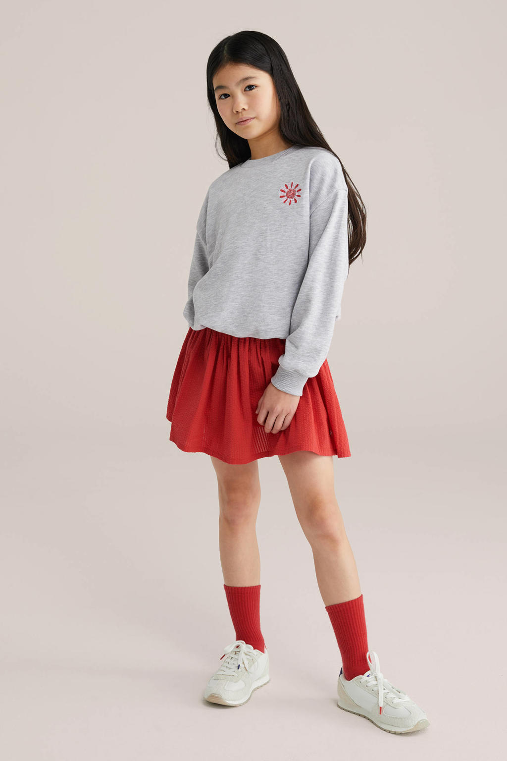 Grijs melange meisjes WE Fashion sweater melange met effen, lange mouwen, ronde hals en geribde boorden