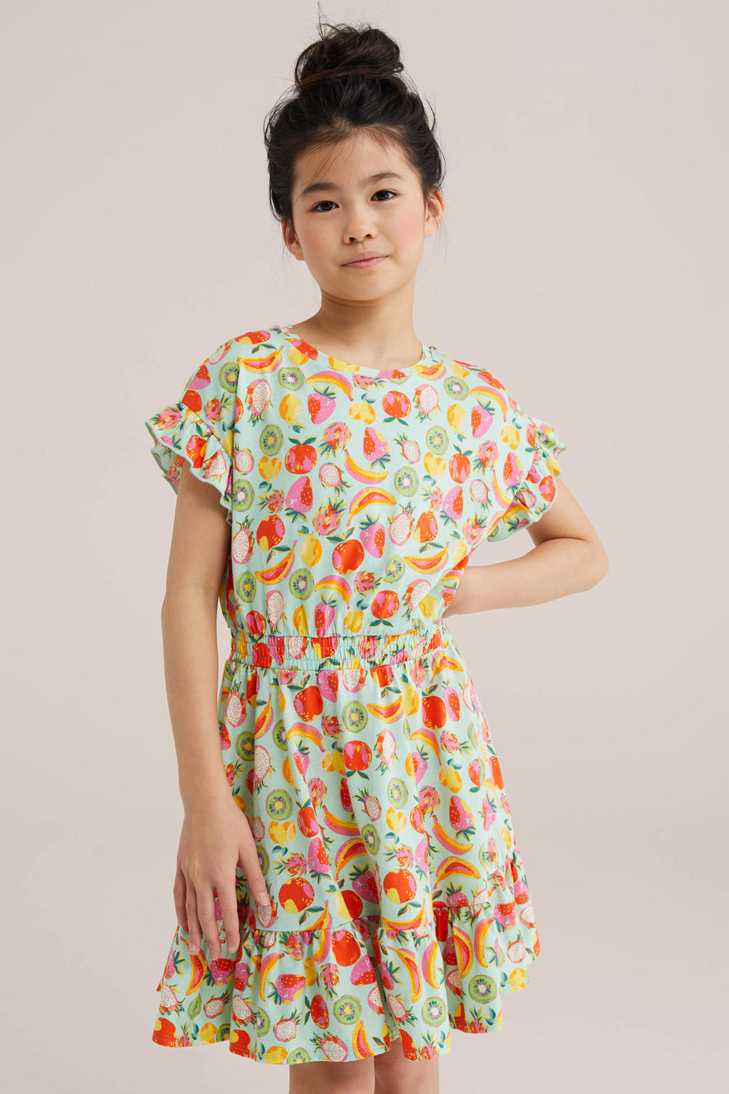 Mintgroene meisjes WE Fashion A-lijn jurk van katoen met korte mouwen, ronde hals, knoopsluiting en ruches