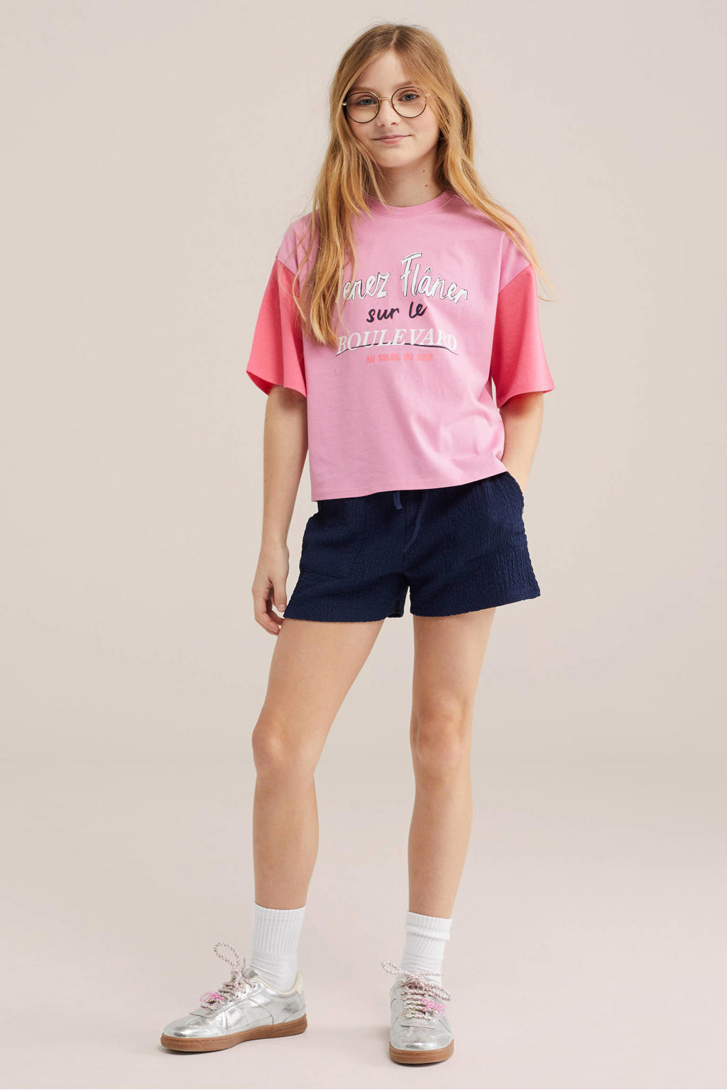 Donkerblauwe meisjes WE Fashion straight casual short van polyester met elastische tailleband met koord en effen