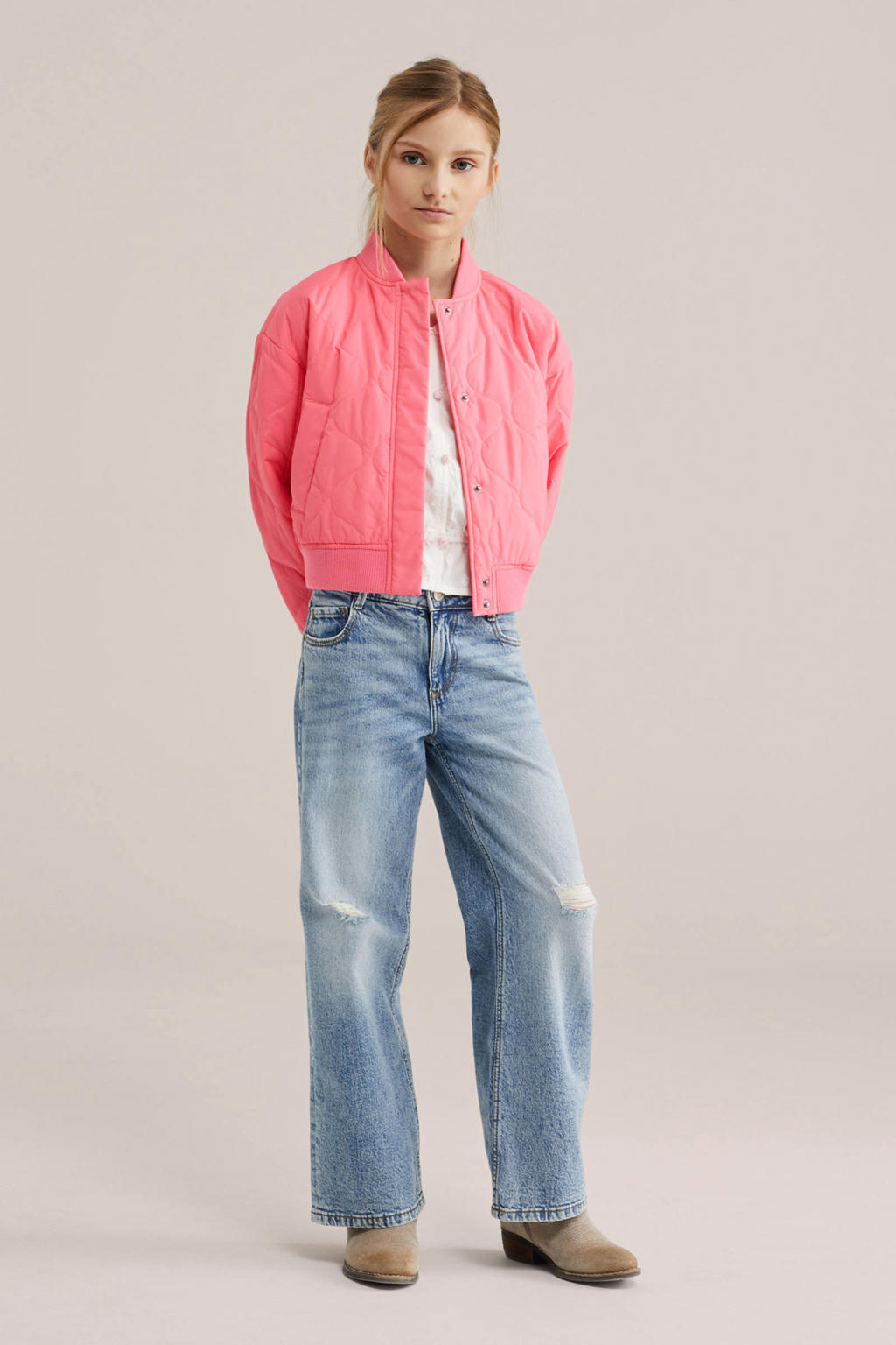 Roze meisjes WE Fashion bomberjack van polyester met effen, lange mouwen, ronde hals, drukknoopsluiting en geribde boorden
