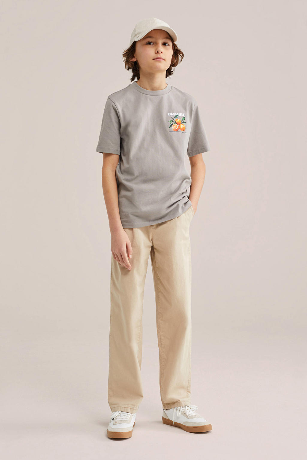 Grijze jongens WE Fashion T-shirt van katoen met backprint, korte mouwen en ronde hals