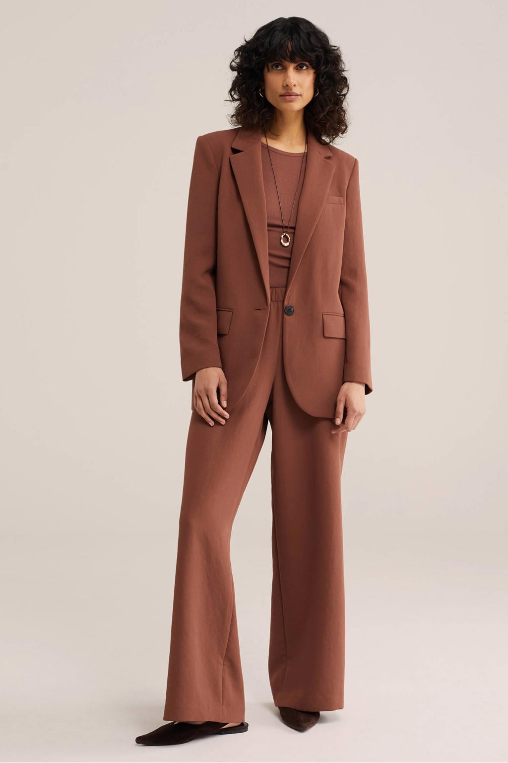 Bruine dames WE STUDIO regular waist casual broek van polyester met loose fit, elastische tailleband en effen