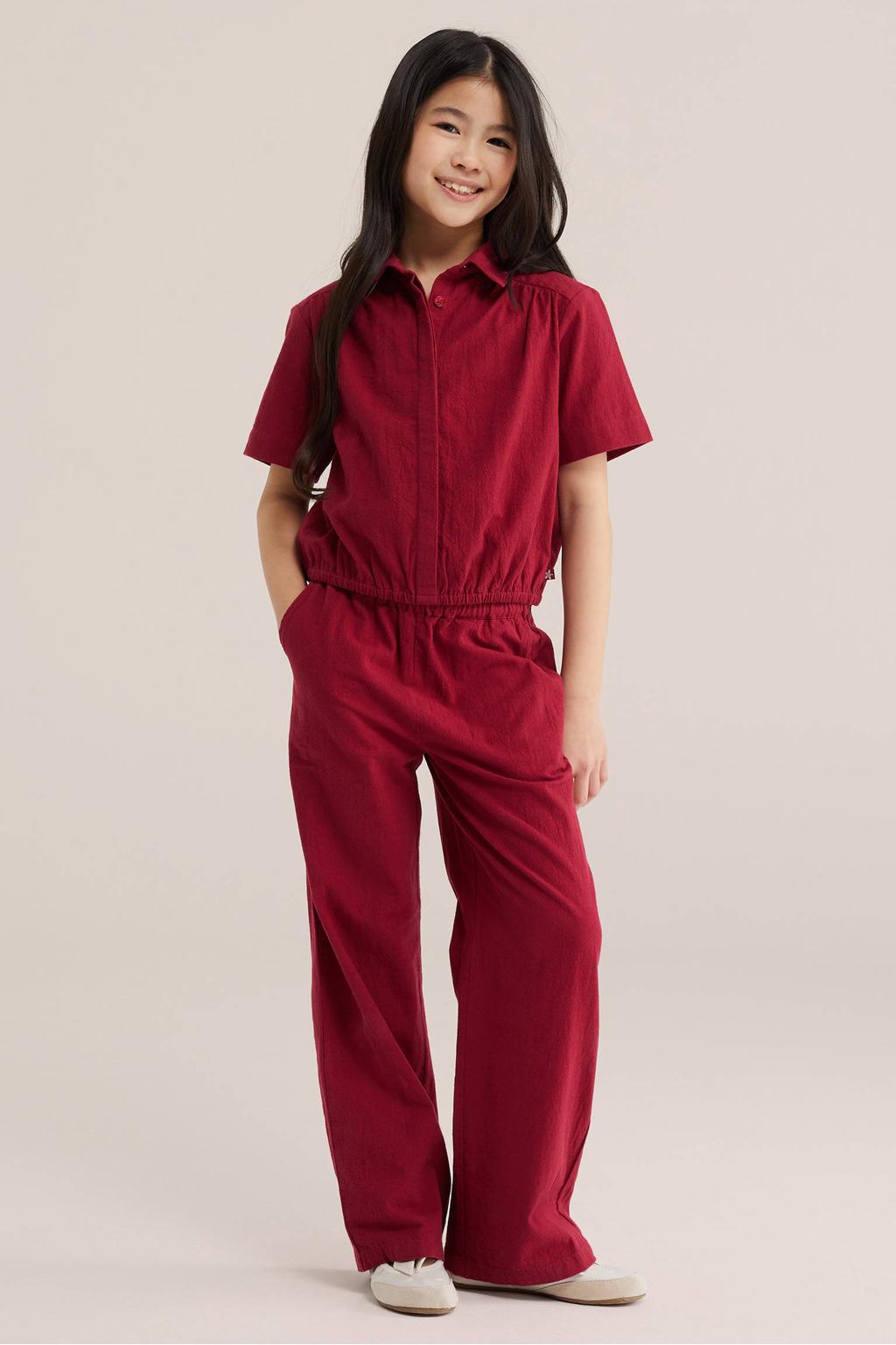 Donkerrode meisjes WE Fashion straight casual broek van katoen met elastische tailleband met koord en effen