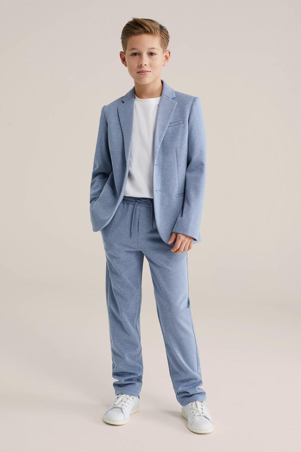 Blauwe jongens WE Fashion colbert van polyester met effen, lange mouwen, smokingkraag en knoopsluiting