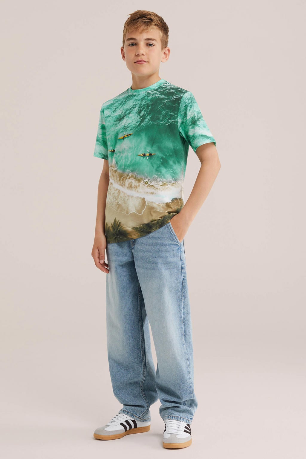 Blauw en beige jongens WE Fashion T-shirt van katoen met korte mouwen en ronde hals