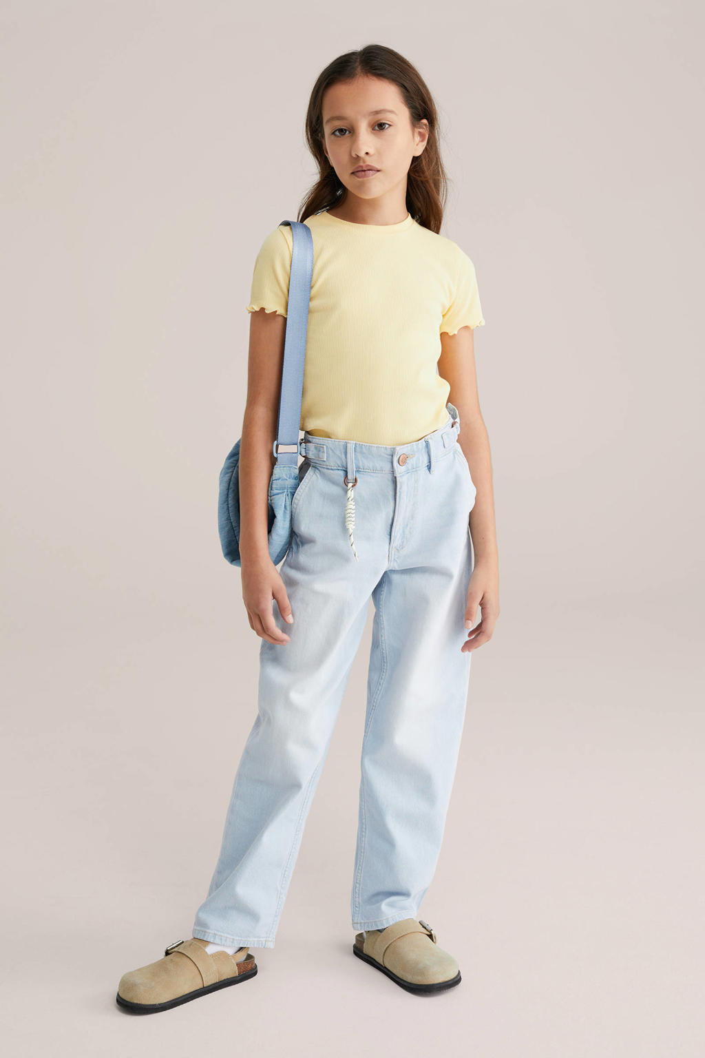 Light blue denim meisjes WE Fashion Blue Ridge high waist loose fit jeans baggy jeans van denim met effen