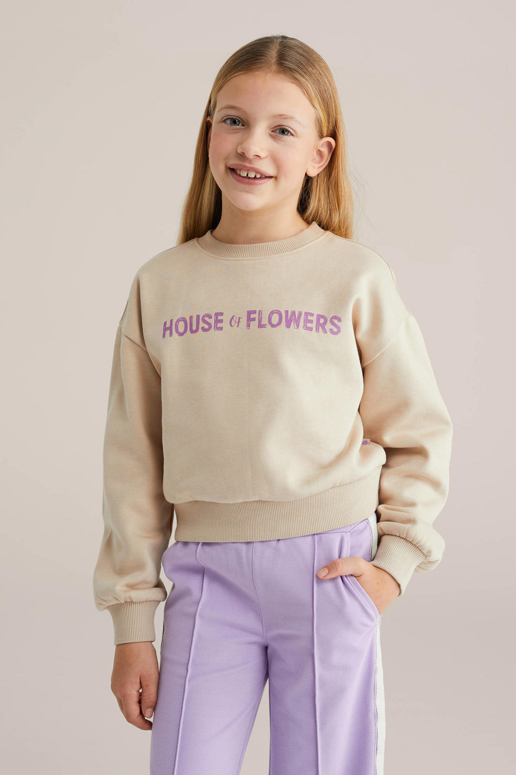 Beige meisjes WE Fashion sweater met backprint, lange mouwen, capuchon en geribde boorden